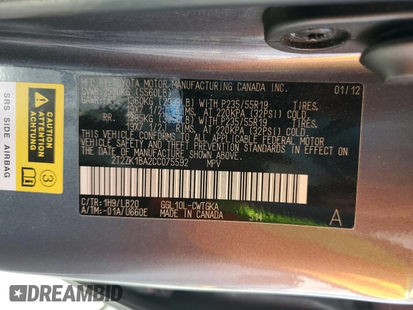 2012 Lexus RX 350 with VIN 2T2ZK1BA2CC075592, listed as a Copart auction lot 60751505 with 150,868 mi miles and Salvage title. Bid and sale history available at DreamBid. Image 13.
