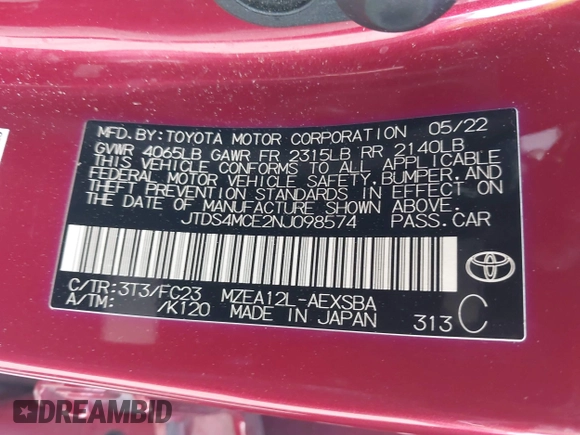 2022 Toyota Corolla SE with VIN JTDS4MCE2NJ098574, listed as a IAAI auction lot 41533041 with 130,379 mi miles and . Bid and sale history available at DreamBid. Image 9.