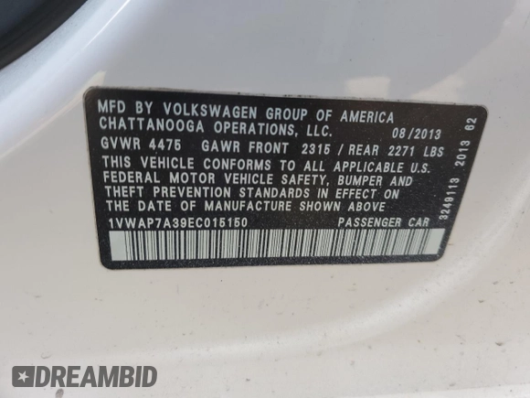 2014 Volkswagen Passat S w/Nav with VIN 1VWAP7A39EC015150, listed as a Copart auction lot 44434995 with 124,796 mi miles and Salvage Title. Bid and sale history available at carsss.com. Image 12.