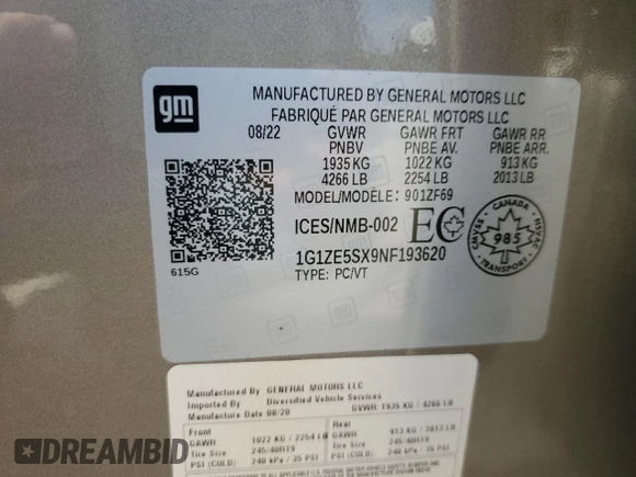 2022 Chevrolet Malibu Premier with VIN 1G1ZE5SX9NF193620, listed as a Copart auction lot 69006604 with 26,971 mi miles and Salvage Title. Bid and sale history available at DreamBid. Image 14.