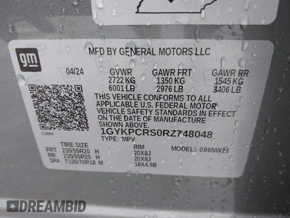 2024 Cadillac XT6 FWD Premium Luxury with VIN 1GYKPCRS0RZ748048, listed as a IAAI auction lot 42043117 with 7,232 mi miles. Bid and sale history available at carsss.com. Image 9.