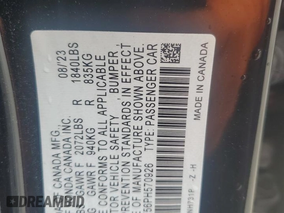 2023 Honda Civic Sport with VIN 2HGFE2F56PH570926, listed as a Copart auction lot 61419145 with 35,014 mi miles and Salvage title. Bid and sale history available at DreamBid. Image 13.