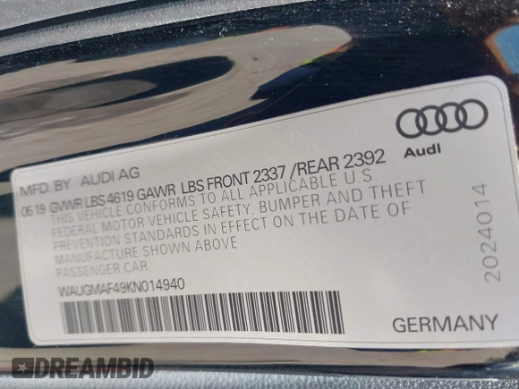 2019 Audi A4 Premium z VIN WAUGMAF49KN014940, wystawiony jako IAAI lot #41962088 z przebiegiem 69 099 mil mil oraz . Historia ofert i sprzedaży dostępna na DreamBid. Obrazek 9.