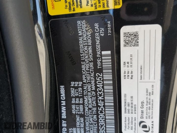 2015 BMW M4 with VIN WBS3R9C54FK334052, listed as a Copart auction lot 67044522 with 69,998 mi miles. Bid and sale history available at carsss.com. Image 10.