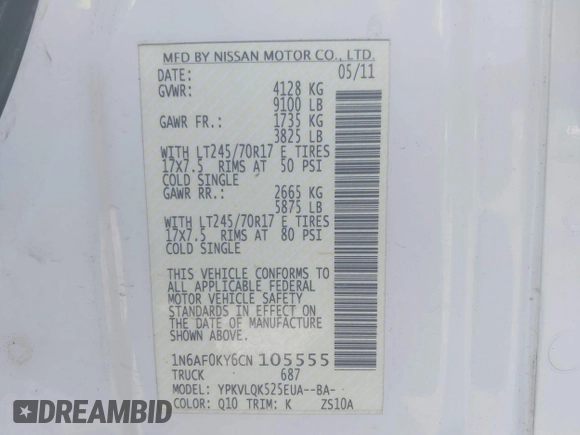 2012 Nissan NV SV with VIN 1N6AF0KY6CN105555, listed as a IAAI auction lot 42632740 with 125,092 mi miles and . Bid and sale history available at DreamBid. Image 9.