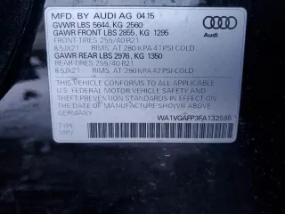 2015 Audi SQ5 Prestige with VIN WA1VGAFP3FA132596, listed as a Copart auction lot 37970884 with 77,838 mi miles. Bid and sale history available at carsss.com. Image 12.