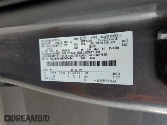 2021 Ford F-250 XL with VIN 1FT7W2BN6MED67494, listed as a Copart auction lot 51428815 with 54,289 mi miles and Salvage title. Bid and sale history available at DreamBid. Image 12.