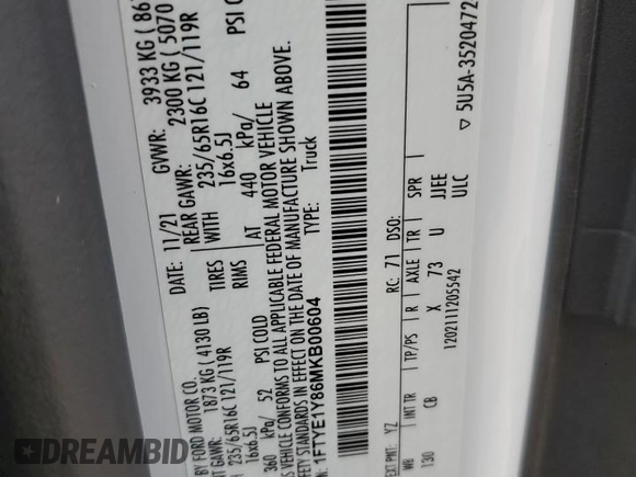 2021 Ford Transit Cargo with VIN 1FTYE1Y86MKB00604, listed as a Copart auction lot 69333594 with 60,464 mi miles and Salvage Title. Bid and sale history available at carsss.com. Image 13.