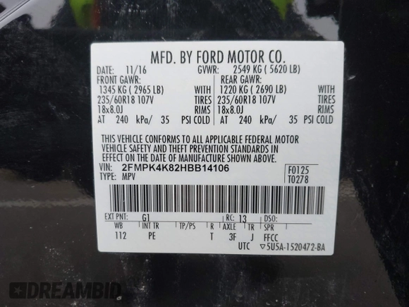 2017 Ford Edge Titanium with VIN 2FMPK4K82HBB14106, listed as a IAAI auction lot 41925945 with 96,243 mi miles. Bid and sale history available at carsss.com. Image 9.