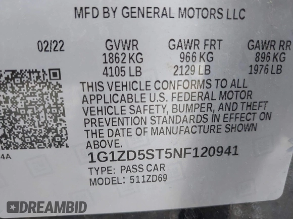2022 Chevrolet Malibu LT with VIN 1G1ZD5ST5NF120941, listed as a IAAI auction lot 41255004 with 44,658 mi miles and . Bid and sale history available at DreamBid. Image 9.