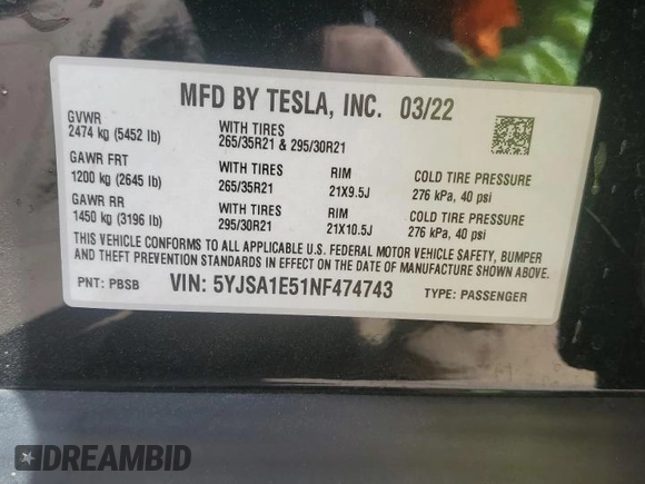2022 Tesla Model S z VIN 5YJSA1E51NF474743, wystawiony jako Copart lot #87316374 z przebiegiem Nie podano mil oraz Szkoda całkowita • Salvage title. Historia ofert i sprzedaży dostępna na DreamBid. Obrazek 14.