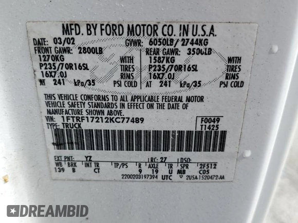 2002 Ford F-150 XL with VIN 1FTRF17212KC77489, listed as a Copart auction lot 58442425 with Not provided miles and Non repairable. Bid and sale history available at DreamBid. Image 12.
