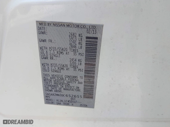 2013 Nissan Pathfinder SL with VIN 5N1AR2MN3DC652655, listed as a IAAI auction lot 41291223 with 176,037 mi miles. Bid and sale history available at carsss.com. Image 9.
