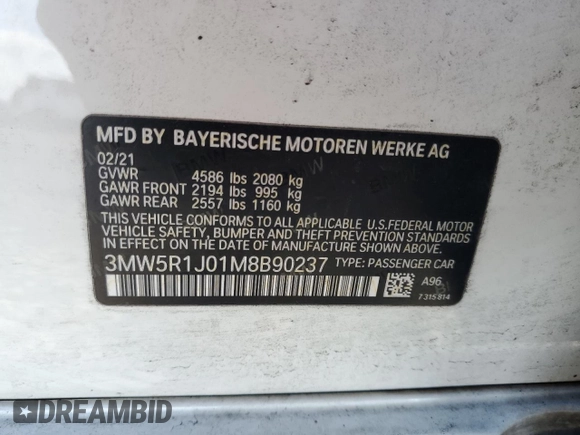 2021 BMW 3 Series 330i with VIN 3MW5R1J01M8B90237, listed as a Copart auction lot 50456685 with 44,152 mi miles and Non Repairable. Bid and sale history available at carsss.com. Image 14.