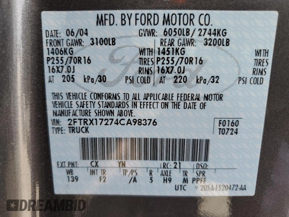 2004 Ford F-150 XL with VIN 2FTRX17274CA98376, listed as a Copart auction lot 56300585 with 71,767 mi miles and Salvage title. Bid and sale history available at DreamBid. Image 12.