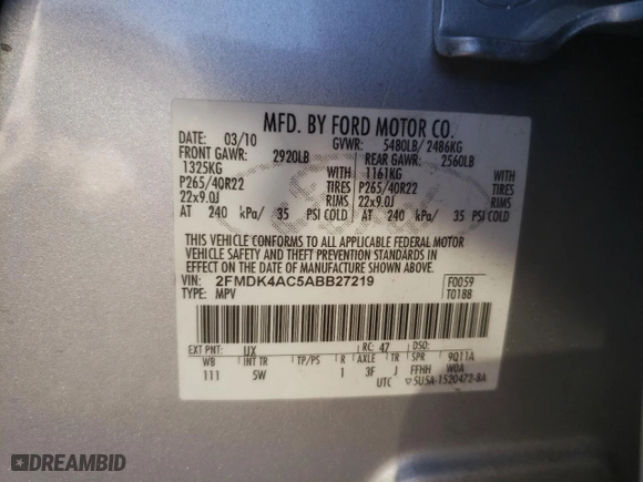 2010 Ford Edge Sport with VIN 2FMDK4AC5ABB27219, listed as a Copart auction lot 86805554 with 179,242 mi miles and Salvage Title. Bid and sale history available at carsss.com. Image 16.