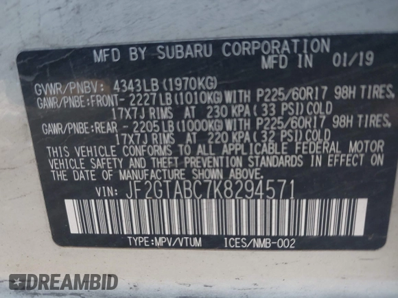 2019 Subaru Crosstrek with VIN JF2GTABC7K8294571, listed as a IAAI auction lot 42053294 with 57,998 mi miles. Bid and sale history available at carsss.com. Image 9.