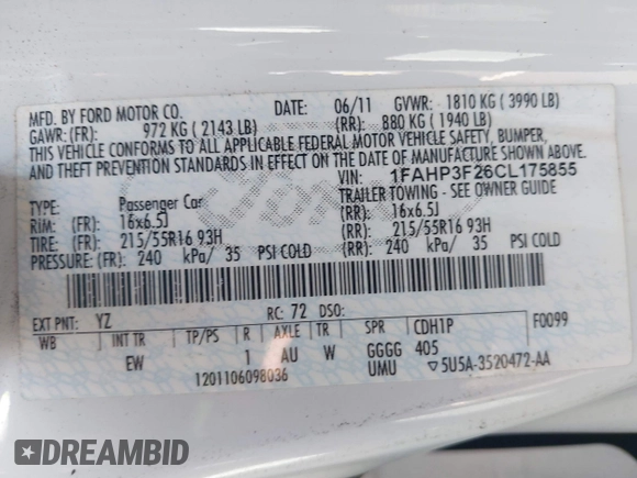 2012 Ford Focus SE with VIN 1FAHP3F26CL175855, listed as a IAAI auction lot 42574912 with 86,158 mi miles and . Bid and sale history available at DreamBid. Image 9.