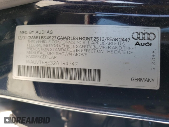 2002 Audi A4 с VIN WAUVT68E32A184747, выставлен на аукционе Copart как лот 68739244 с пробегом 147 655 миль миль и Списание • Salvage title. История ставок и продаж доступна на DreamBid. Изображение 12.