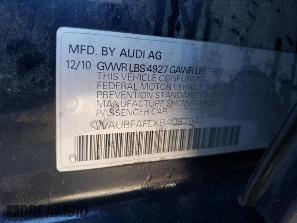 2011 Audi A4 Premium with VIN WAUBFAFLXBA087947, listed as a Copart auction lot 83013154 with 98,473 mi miles and Salvage Title. Bid and sale history available at carsss.com. Image 12.