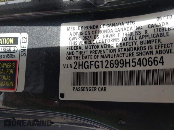 2009 Honda Civic Cpe LX with VIN 2HGFG12699H540664, listed as a IAAI auction lot 42100966 with Not Provided miles. Bid and sale history available at carsss.com. Image 9.