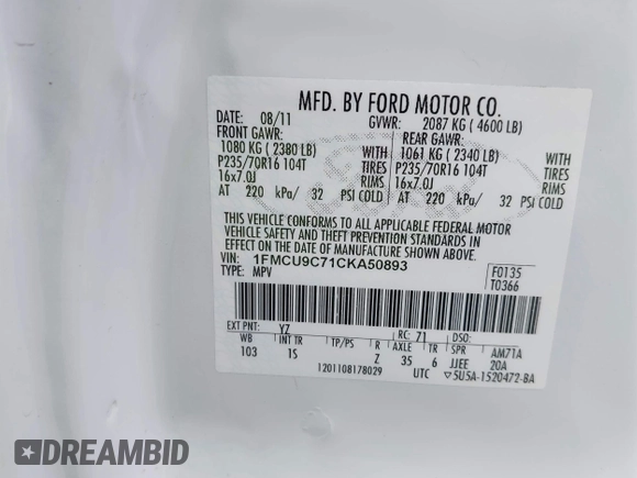 2012 Ford Escape XLS с VIN 1FMCU9C71CKA50893, выставлен на аукционе IAAI как лот 42158103 с пробегом 106 268 миль миль и . История ставок и продаж доступна на DreamBid. Изображение 9.