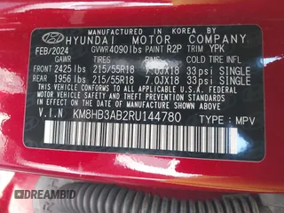 2024 Hyundai Kona SEL with VIN KM8HB3AB2RU144780, listed as a IAAI auction lot 42006519 with 19,568 mi miles and . Bid and sale history available at DreamBid. Image 9.