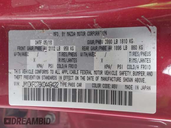 2019 Mazda CX-3 Touring with VIN JM1DKFC78K0449422, listed as a IAAI auction lot 40681707 with 54,106 mi miles. Bid and sale history available at carsss.com. Image 9.