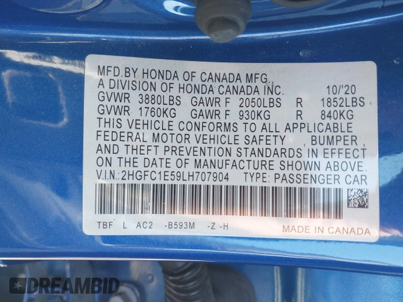 2020 Honda Civic Si with VIN 2HGFC1E59LH707904, listed as a IAAI auction lot 41621372 with 112,077 mi miles and . Bid and sale history available at DreamBid. Image 9.