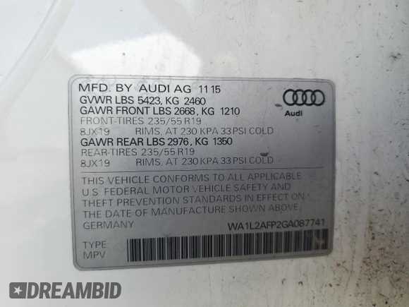 2016 Audi Q5 Premium Plus z VIN WA1L2AFP2GA087741, wystawiony jako Copart lot #56300235 z przebiegiem 109 372 mil mil oraz Szkoda całkowita • Salvage title. Historia ofert i sprzedaży dostępna na DreamBid. Obrazek 13.