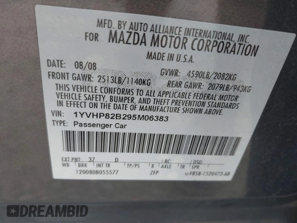 2009 Mazda 6 S Grand Touring with VIN 1YVHP82B295M06383, listed as a IAAI auction lot 42079585 with 109,008 mi miles and . Bid and sale history available at DreamBid. Image 9.