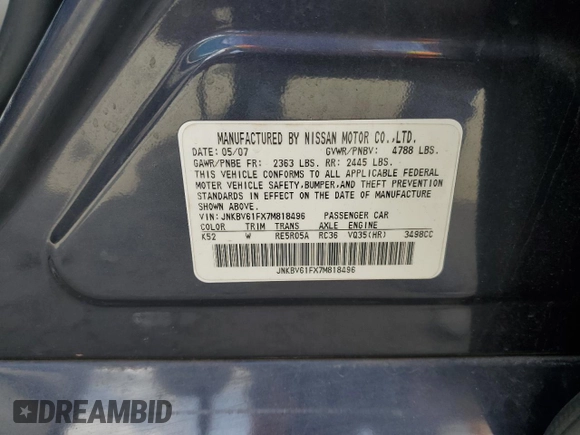 2007 Infiniti G35 Sedan G35x with VIN JNKBV61FX7M818496, listed as a Copart auction lot 50301915 with 197,945 mi miles and Salvage Title. Bid and sale history available at carsss.com. Image 12.