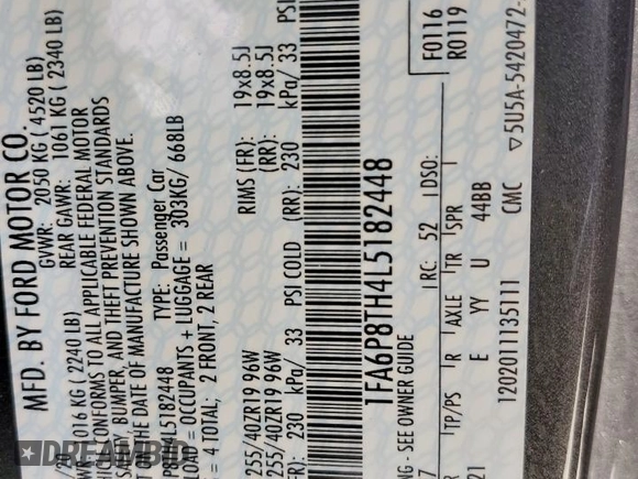 2020 Ford Mustang EcoBoost with VIN 1FA6P8TH4L5182448, listed as a Copart auction lot 61516925 with 40,225 mi miles and Salvage title. Bid and sale history available at DreamBid. Image 13.