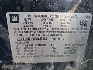 2013 GMC Terrain SLE with VIN 2GKALMEK7D6433734, listed as a IAAI auction lot 41509160 with 164,758 mi miles. Bid and sale history available at carsss.com. Image 9.