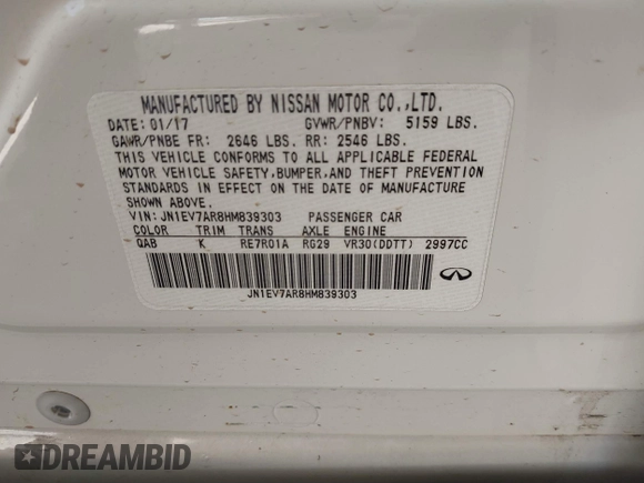 2017 Infiniti Q50 3.0t Premium with VIN JN1EV7AR8HM839303, listed as a IAAI auction lot 41783123 with 53,547 mi miles. Bid and sale history available at carsss.com. Image 9.