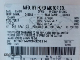 2008 Ford F-150 XL with VIN 1FTRF14WX8KE32914, listed as a Copart auction lot 83001354 with 162,464 mi miles and Clean Title. Bid and sale history available at carsss.com. Image 12.