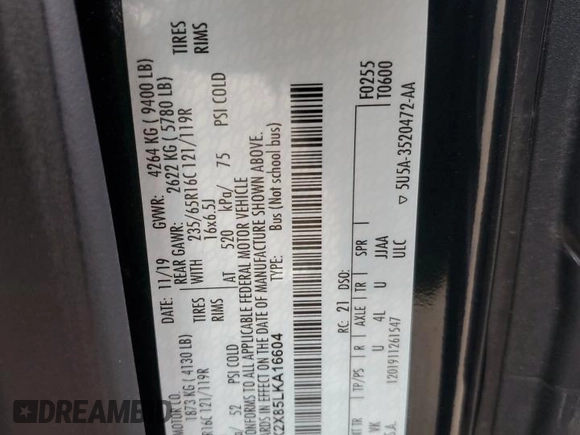 2020 Ford Transit Passenger XL with VIN 1FBAX2X85LKA16604, listed as a Copart auction lot 70241624 with 19,507 mi miles and Salvage Title. Bid and sale history available at DreamBid. Image 12.