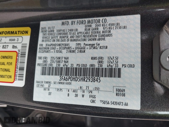 2017 Ford Fusion SE with VIN 3FA6P0HD5HR293845, listed as a IAAI auction lot 41723687 with 107,264 mi miles. Bid and sale history available at carsss.com. Image 9.