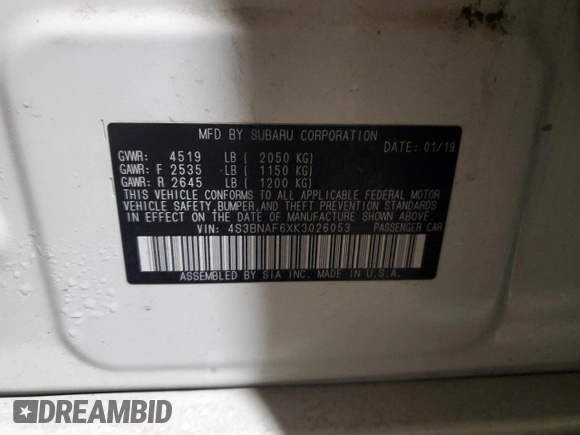 2019 Subaru Legacy Premium with VIN 4S3BNAF6XK3026053, listed as a Copart auction lot 42699805 with 42,248 mi miles and Salvage Title. Bid and sale history available at DreamBid. Image 12.