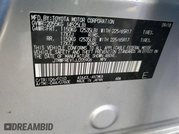 2018 Toyota RAV4 XLE with VIN JTMWFREV1JJ205906, listed as a Copart auction lot 84700564 with 64,953 mi miles and Salvage Title. Bid and sale history available at DreamBid. Image 13.