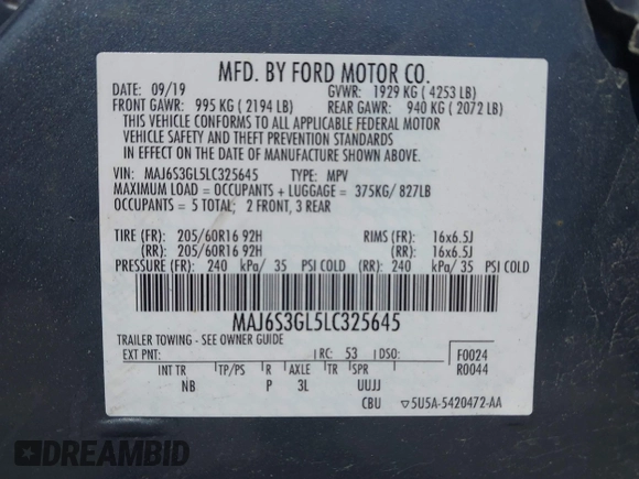 2020 Ford EcoSport SE with VIN MAJ6S3GL5LC325645, listed as a IAAI auction lot 42050145 with 149,138 mi miles and . Bid and sale history available at carsss.com. Image 9.
