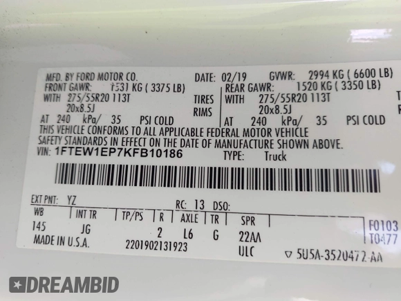 2019 Ford F-150 XL with VIN 1FTEW1EP7KFB10186, listed as a IAAI auction lot 42230640 with 105,234 mi miles and . Bid and sale history available at DreamBid. Image 9.