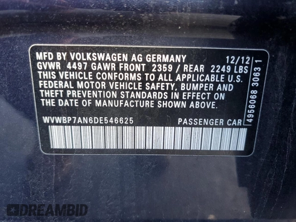 2013 Volkswagen CC Sport with VIN WVWBP7AN6DE546625, listed as a Copart auction lot 85506494 with 163,424 mi miles and Salvage Title. Bid and sale history available at carsss.com. Image 13.