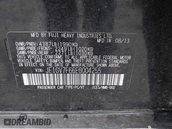 2014 Subaru WRX WRX Premium с VIN JF1GV7F66EG004255, выставлен на аукционе IAAI как лот 42204007 с пробегом 165 469 миль миль и . История ставок и продаж доступна на DreamBid. Изображение 9.