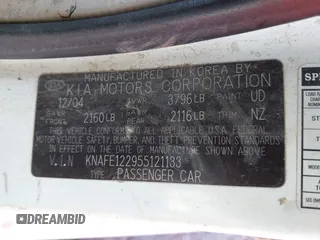 2005 Kia Spectra LX z VIN KNAFE122955121133, wystawiony jako IAAI lot #42434111 z przebiegiem 184 114 mil mil oraz . Historia ofert i sprzedaży dostępna na DreamBid. Obrazek 9.