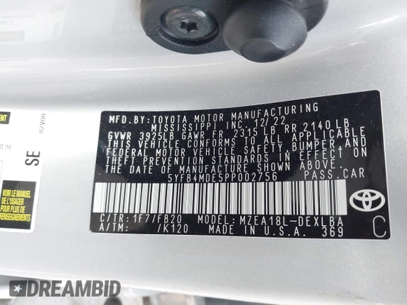 2023 Toyota Corolla LE with VIN 5YFB4MDE5PP002756, listed as a IAAI auction lot 41916290 with 30,097 mi miles and . Bid and sale history available at DreamBid. Image 9.