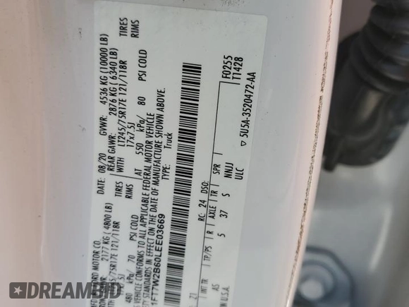 2020 Ford F-250 XL с VIN 1FT7W2B60LEE03669, выставлен на аукционе Copart как лот 53964895 с пробегом 224 582 миль миль и Чистый • Clean title. История ставок и продаж доступна на DreamBid. Изображение 12.
