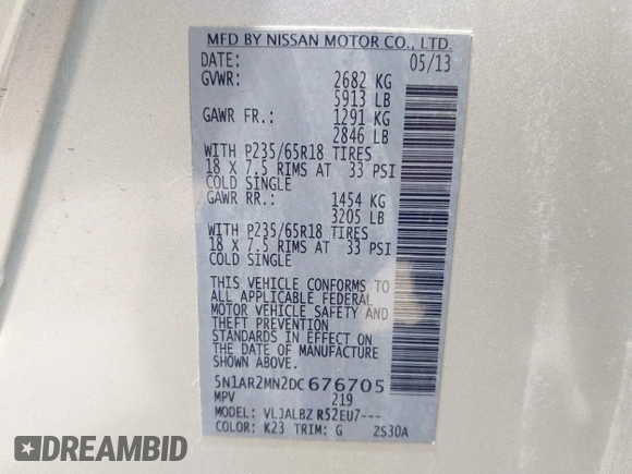 2013 Nissan Pathfinder SL z VIN 5N1AR2MN2DC676705, wystawiony jako IAAI lot #42407363 z przebiegiem 152 610 mil mil oraz . Historia ofert i sprzedaży dostępna na DreamBid. Obrazek 9.