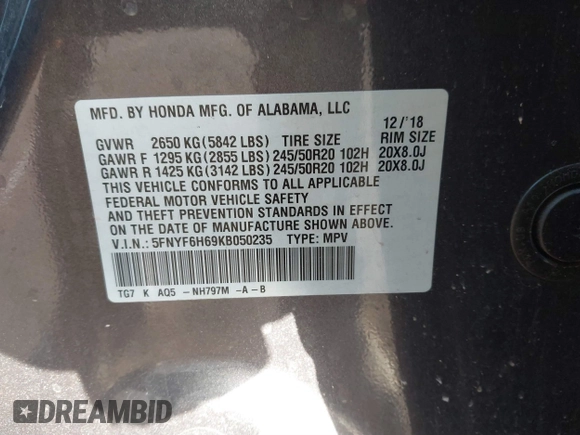 2019 Honda Pilot Touring 7-Passenger with VIN 5FNYF6H69KB050235, listed as a IAAI auction lot 41782057 with 85,907 mi miles. Bid and sale history available at carsss.com. Image 9.
