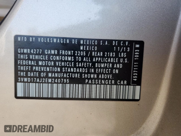 2014 Volkswagen Jetta SE with VIN 3VWD17AJ2EM240795, listed as a Copart auction lot 49749455 with 73,389 mi miles and Salvage title. Bid and sale history available at DreamBid. Image 14.